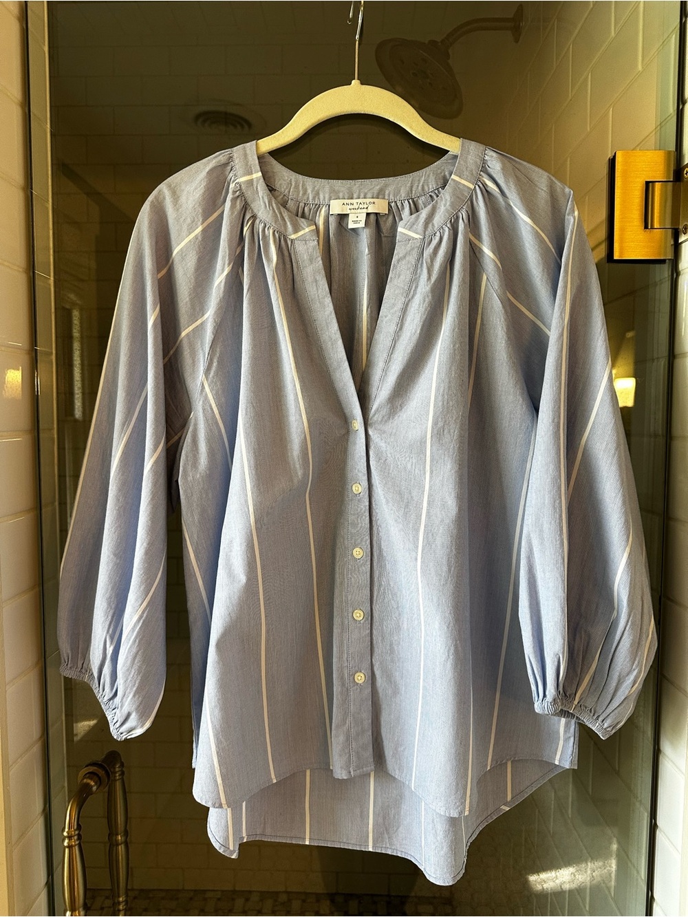 Ann Taylor Blue and White Striped Button-Front Blouse